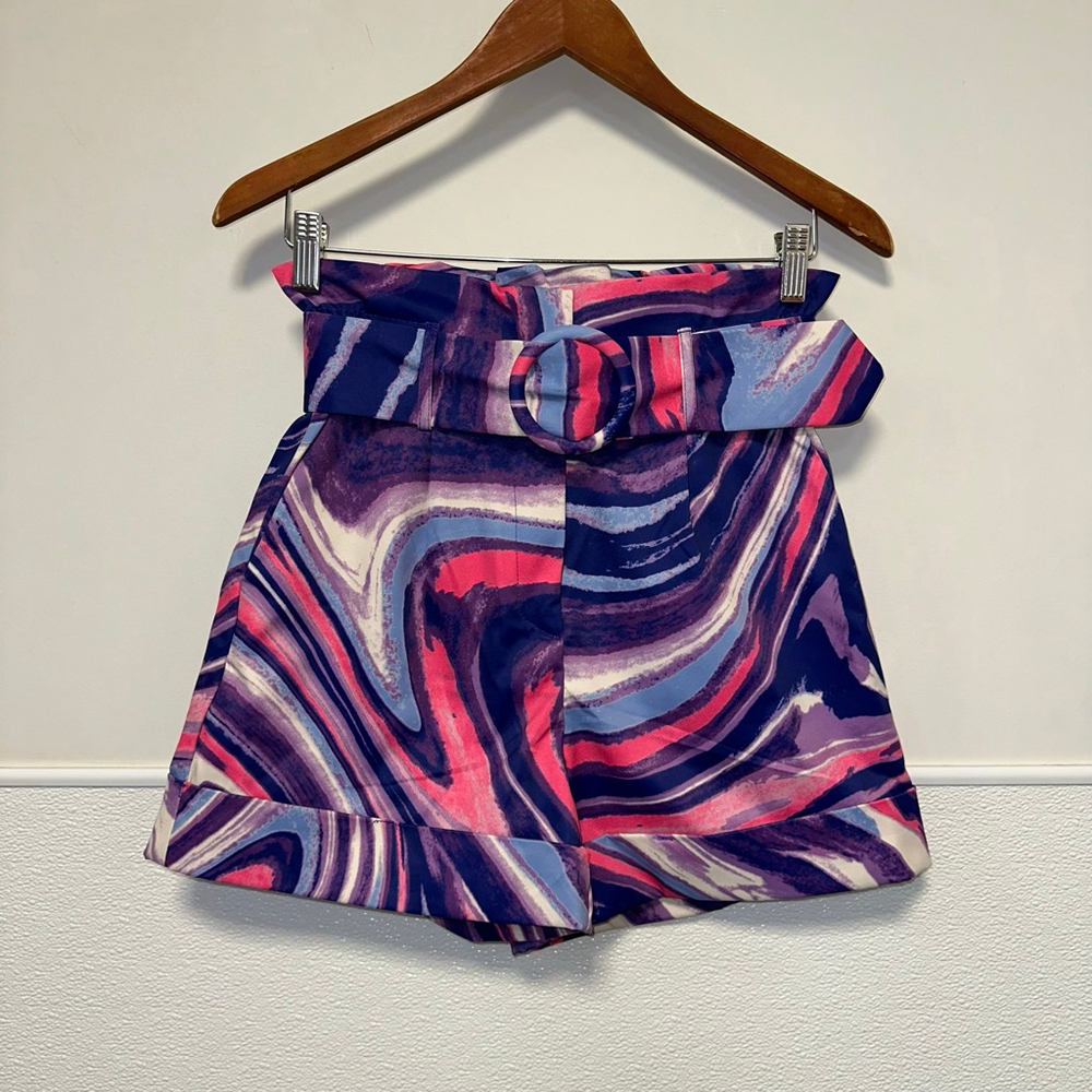 One N More Psychedelic Ruffle Paperbag Women's Shorts Pink Purple S Belted NWT - Picture 12 of 12
